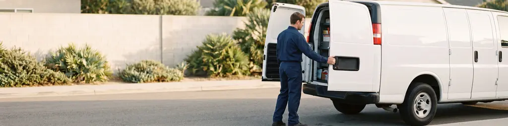 Shows a contractor grabbing tools from his van.